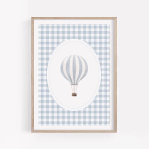 Blue Vintage Hot Air Balloon Print, Printable Travel Wall Art, Travel Nursery Decor, Boys Room Decor, Blue Gingham, DIGITAL DOWNLOAD