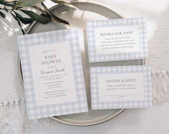 Blue Gingham Baby Shower Invitation Set, Editable Classic Gingham Boy Baby Shower Invite, Books for Baby Diaper Raffle Ticket Template