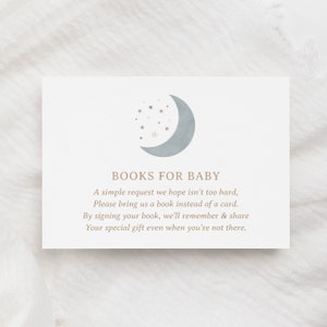 Over de maan boeken voor babykaartsjabloon, bewerkbare maan en sterren babydoucheboekkaartsjabloon, digitale DOWNLOAD