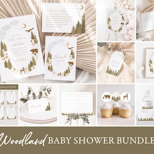 Paquete de invitación de baby shower del bosque, decoraciones y juegos de baby shower de animales del bosque imprimibles, plantilla editable, DESCARGA DIGITAL