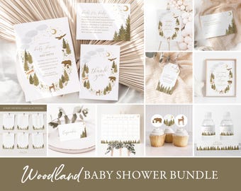 Woodland Baby Shower Invitation Bundle, Printable Woodland Animals Baby Shower Decorations and Games, Editable Template, DIGITAL DOWNLOAD