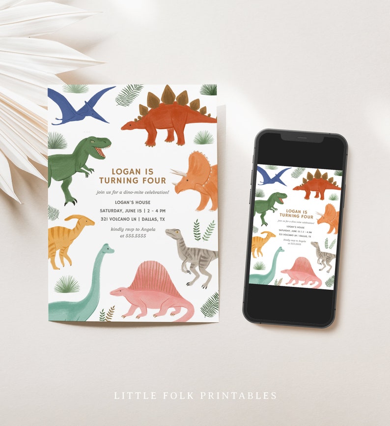 Dinosaur Birthday Invitation, Rainbow Dinosaur Kids Birthday Party Invite, Printable Invitation, Editable Template, T-Rex, Triceratops image 2