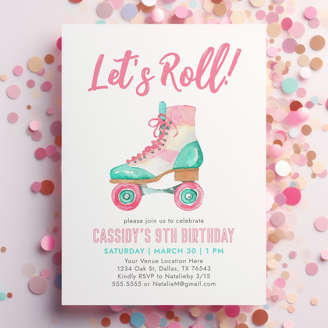 Pink Roller Skate Birthday Invitation, Let's Roll Retro Girl Roller ...