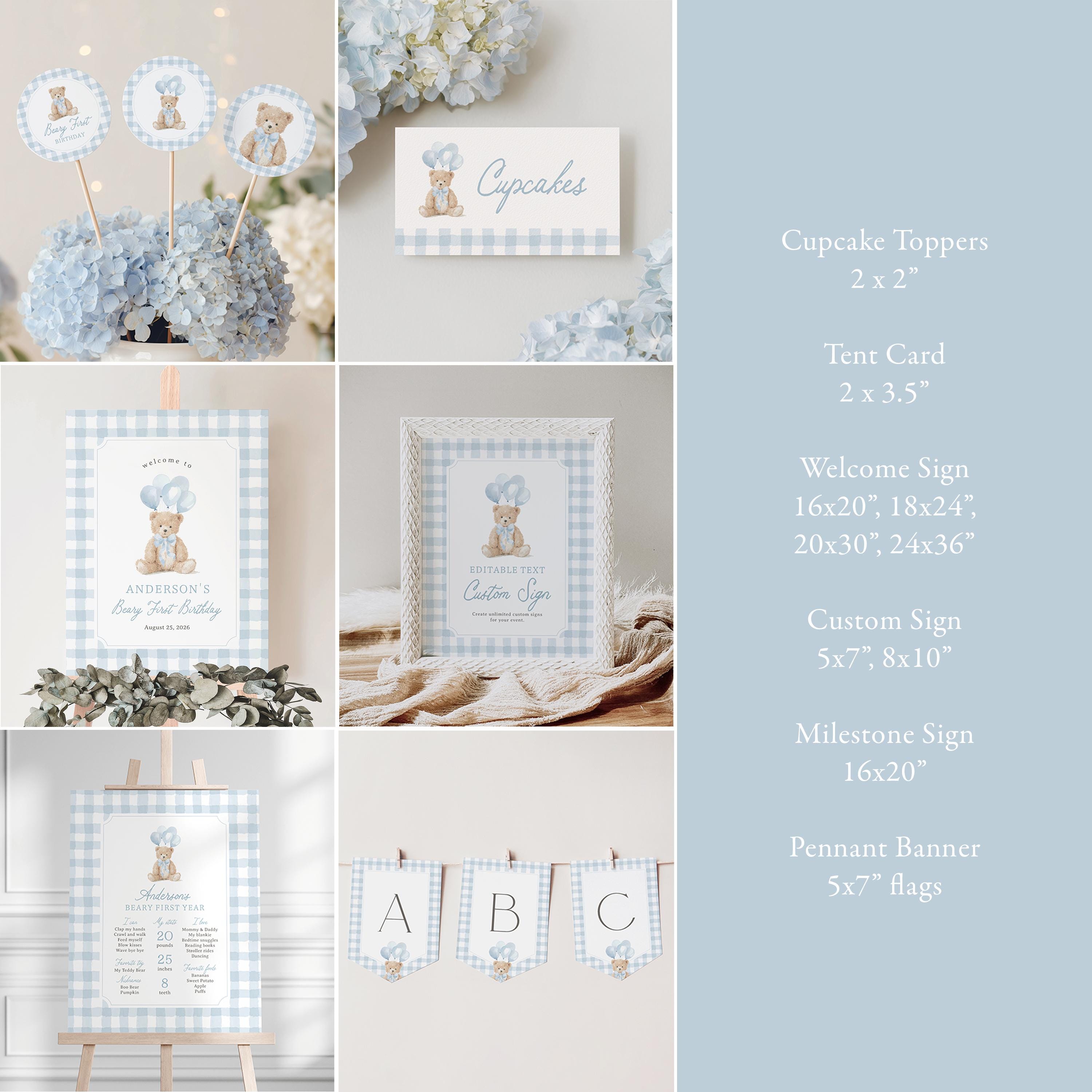 Beary First Birthday Invitation Bundle, Printable Blue Gingham Teddy ...