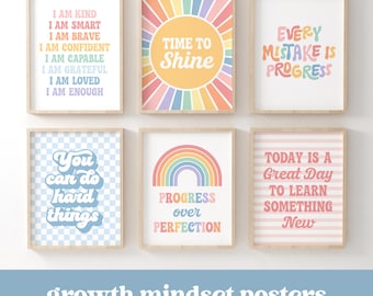 Rainbow Growth Mindset Printable Classroom Posters, Retro Rainbow Growth Mindset Prints, Affirmations Homeschool Decor, DIGITAL DOWNLOAD