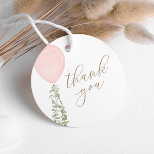 Editable Pink Balloon Favor Tag Template, Printable Watercolor Balloon Baby Shower Gift Tag, DIGITAL DOWNLOAD