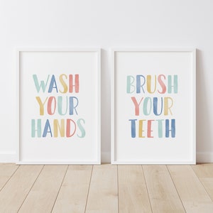 Wash Your Hands Brush Your Teeth Set of 2 Prints, PRINTABLE Bathroom Wall Art, Colorful Kids Bathroom Decor, DIGITAL DOWNLOAD