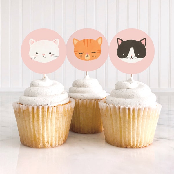Kitten Birthday Cupcake Toppers, Printable Cat Birthday Party Decor, DIGITAL DOWNLOAD