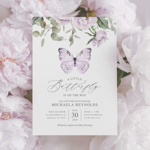 Purple Butterfly Baby Shower Invitation, Editable Floral Girl Baby Brunch Invite image 1