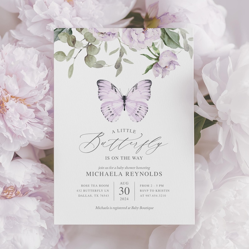 Purple Butterfly Baby Shower Invitation, Editable Floral Girl Baby Brunch Invite image 1