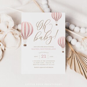 Pink Hot Air Balloon Baby Shower Invitation, Girl Baby Shower Invite, Oh Baby Printable Invitation Template, DIGITAL DOWNLOAD image 3