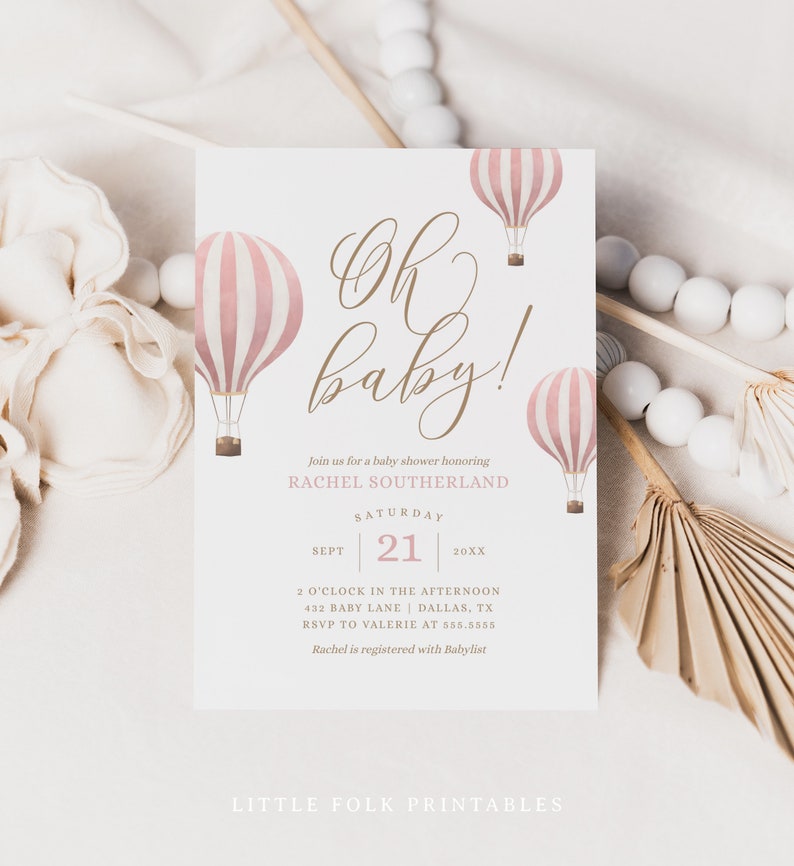 Pink Hot Air Balloon Baby Shower Invitation, Girl Baby Shower Invite, Oh Baby Printable Invitation Template, DIGITAL DOWNLOAD image 3