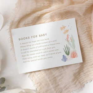 Podmorskie książki dla szablonu karty dla dziecka, wkładka z prośbą o książkę na przyjęcie z okazji baby shower w oceanie, szablon do wydruku, cyfrowe pobieranie
