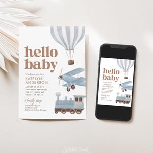 Mall för babyshowerinbjudan för resor, babyshowerinbjudan för vintageflygplan, babyshowerinbjudan för pojke, digital nedladdning för luftballongtåg bild 2