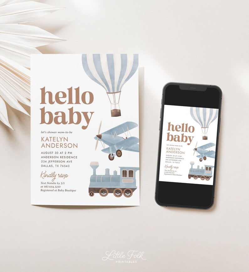Mall för babyshowerinbjudan för resor, babyshowerinbjudan för vintageflygplan, babyshowerinbjudan för pojke, digital nedladdning för luftballongtåg bild 2