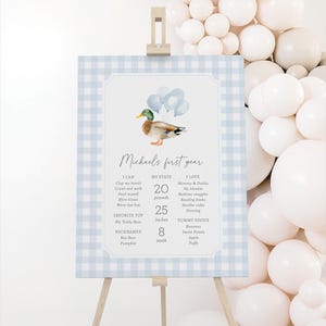 May include: A light blue and white gingham sign on an easel, featuring a watercolor illustration of a duck with balloons. The sign displays information about "Michael's first year", including stats like 20 pounds and 25 inches.