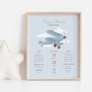 Segno modificabile della festa di compleanno dell'aeroplano, modello stampabile di statistiche del primo secondo anno di compleanno di viaggio vintage, DOWNLOAD DIGITALE