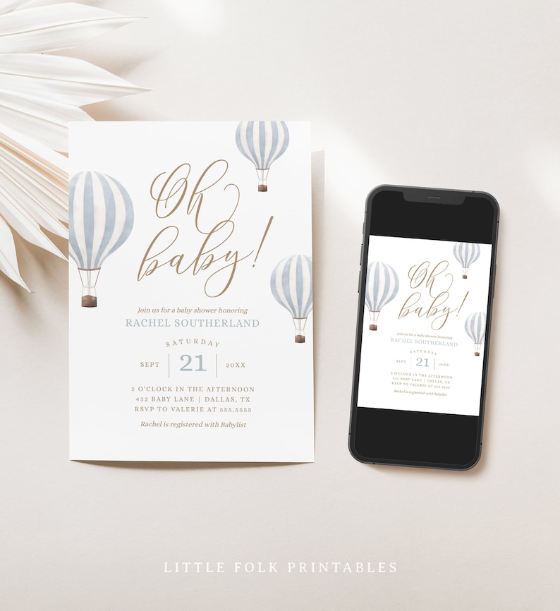 Blue Hot Air Balloon Baby Shower Invitation, Boy Baby Shower Invite, Oh Baby Printable Invitation Template, DIGITAL DOWNLOAD image 2