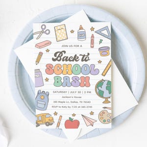 May include: A Back to School Bash invitation with a retro design. The invitation features colorful illustrations of school supplies, a globe, and a school bus. The text reads "Back to School Bash" with event details.