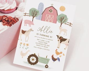 May include: A pink and white farm-themed birthday invitation for a girl turning five. The invitation features a red barn, a silo, a tractor, a cow, a chicken, and a rooster. The text on the invitation reads "Allie is turning 5!" and includes the date, time, and location of the party.