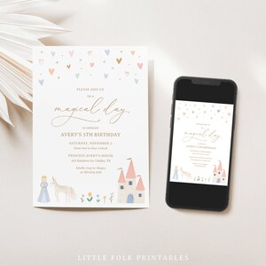 May include: A printable invitation for a 5th birthday party with a magical theme. The invitation features a pink and blue castle, a unicorn, and a princess. The text on the invitation reads "Please join us for a magical day to celebrate Avery's 5th birthday".