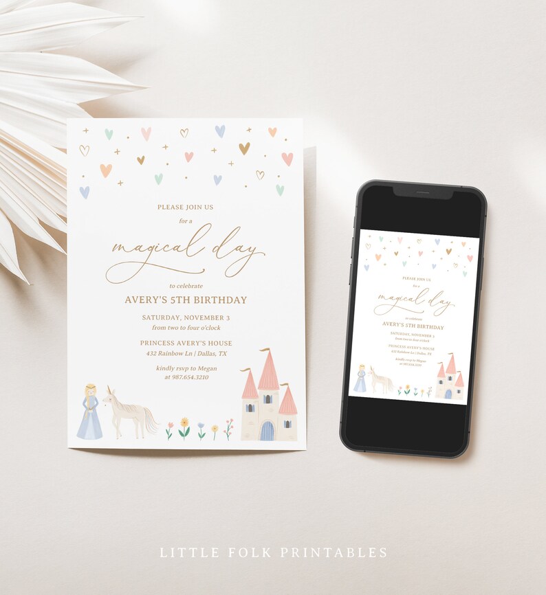 May include: A printable invitation for a 5th birthday party with a magical theme. The invitation features a pink and blue castle, a unicorn, and a princess. The text on the invitation reads "Please join us for a magical day to celebrate Avery's 5th birthday".