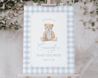 Blau Gingham Teddybär-Baby-Dusche Willkommensschild Vorlage, Printable Wir können Bären-Warten Willkommensschild