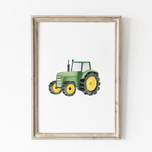 May include: Watercolor painting of a green tractor with yellow wheels, set against a white background. The tractor is framed in a light brown wooden frame. The artwork is a charming depiction of farm equipment.