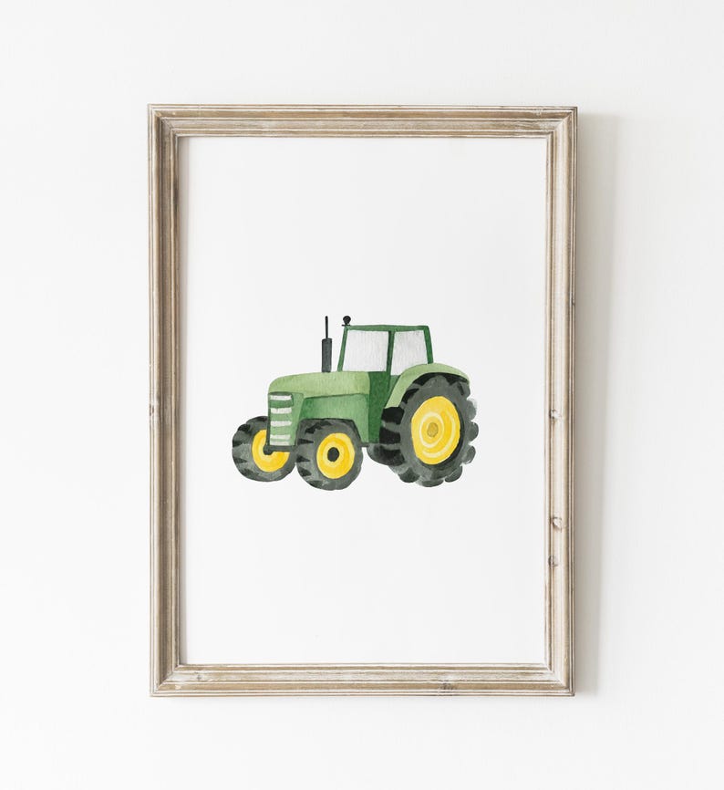 May include: Watercolor painting of a green tractor with yellow wheels, set against a white background. The tractor is framed in a light brown wooden frame. The artwork is a charming depiction of farm equipment.
