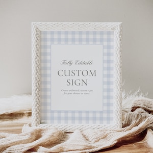 Segno personalizzato modificabile per baby shower blu percalle, modello di cartello stampabile per baby shower per ragazzo vintage percalle, DOWNLOAD DIGITALE