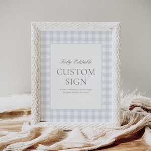 Blue Gingham Baby Shower Editable Custom Sign, Vintage Gingham Boy Baby Shower Printable Sign Template, DIGITAL DOWNLOAD