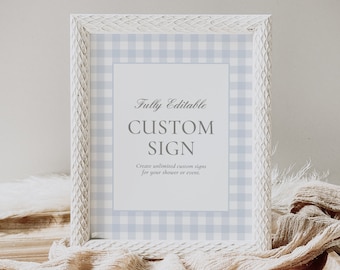 Blue Gingham Baby Shower Editable Custom Sign, Vintage Gingham Boy Baby Shower Printable Sign Template, DIGITAL DOWNLOAD