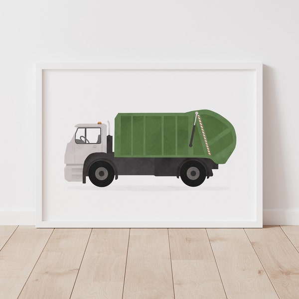 Garbage Truck Print, Green Trash Truck Poster, Boys Room Decor, PRINTABLE Construction Vehicle Wall Art, DIGITAL DOWNLOAD