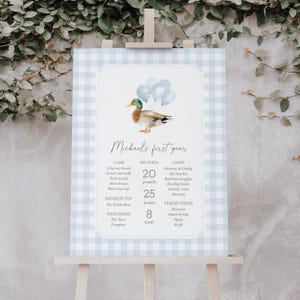 May include: A light blue and white gingham sign on an easel. The sign features a watercolor illustration of a duck with balloons. Text reads "Michael's first year", with stats: 20 pounds, 25 inches, and 8 teeth.