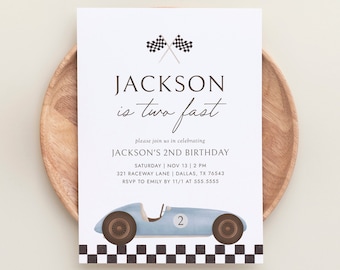Blue Race Car 2nd Birthday Invitation, Two Fast Boy Birthday Party Invite, Printable Vintage Race Car Invitation, Editable Template