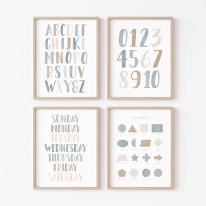 Blaue Poster für das Vorschul-Klassenzimmer: Alphabet, Zahlen und Formen