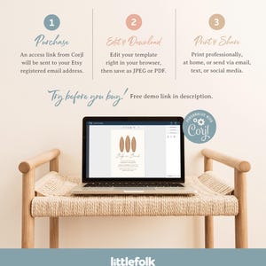 Pode incluir: Uma tela de laptop exibindo um modelo de convite digital com um design de prancha de surf. O modelo &eacute; para um ch&aacute; de beb&ecirc; e diz "Baby on Board". O texto "Try before you buy! Free demo link in description." &eacute; exibido abaixo do laptop.