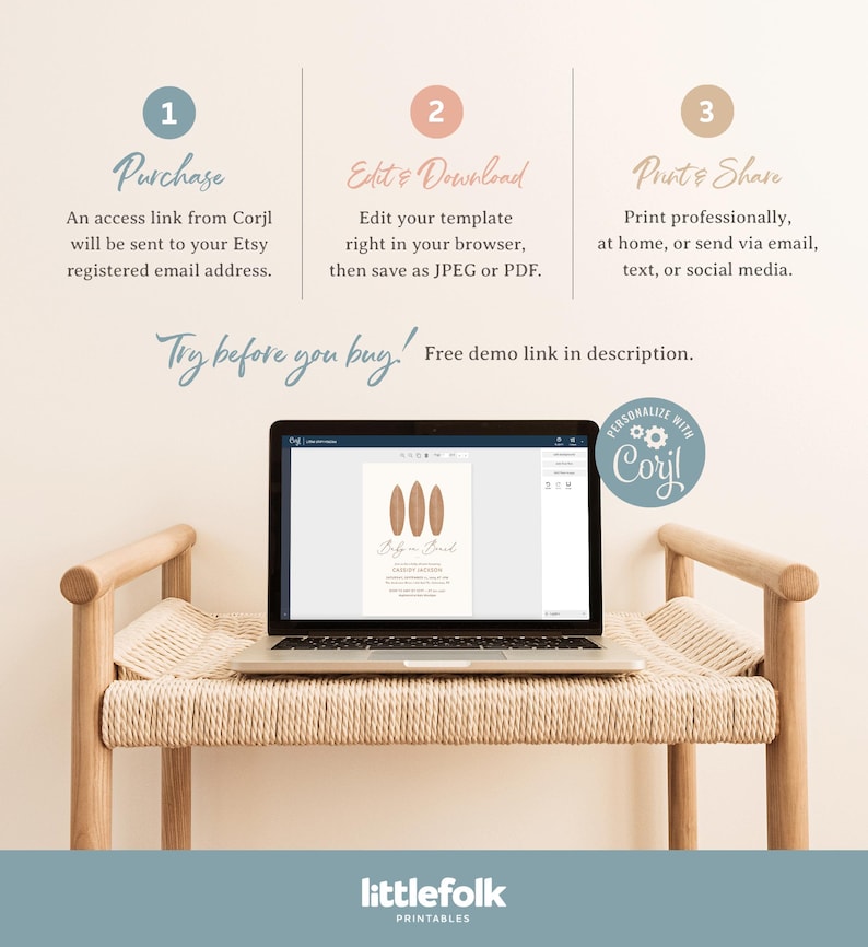 Pode incluir: Uma tela de laptop exibindo um modelo de convite digital com um design de prancha de surf. O modelo &eacute; para um ch&aacute; de beb&ecirc; e diz "Baby on Board". O texto "Try before you buy! Free demo link in description." &eacute; exibido abaixo do laptop.