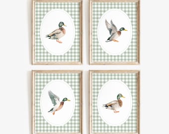 Arte de parede vintage para berçário de pato, decoração para berçário de pato-real para impressão, impressões de parede para galeria de caça, guingão verde-sálvia, DOWNLOAD DIGITAL