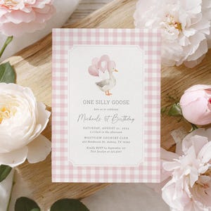 One Silly Goose Girl Birthday Invitation, Pink Gingham Goose 1st Birthday Invite, Watercolor Balloons Editable Template, DIGITAL DOWNLOAD