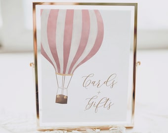 Pink Hot Air Balloon Baby Shower Cards and Gifts Sign, Printable Travel Baby Shower Gift Table Sign, DIGITAL DOWNLOAD