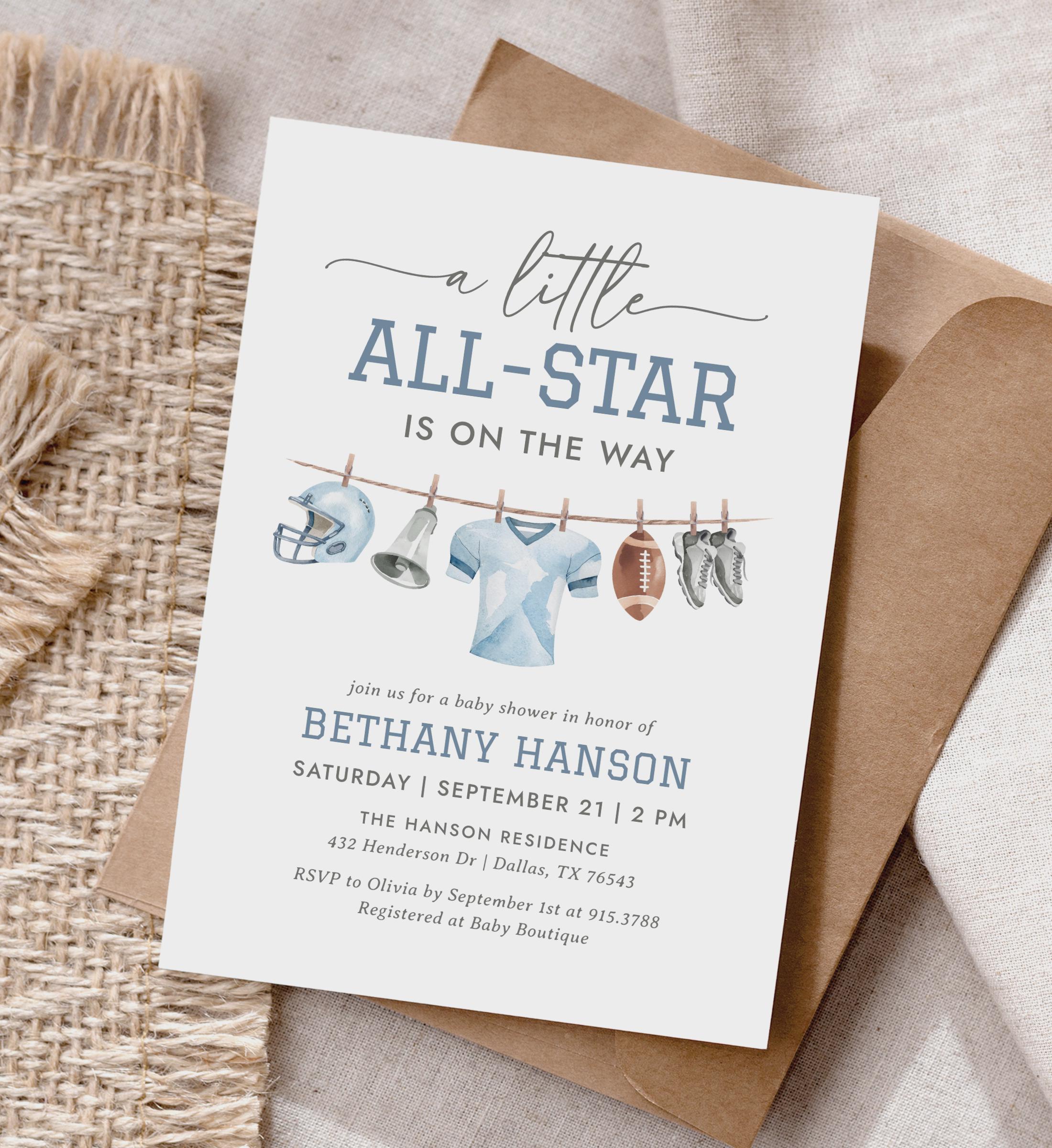 Football Baby Shower Invitation, Little All Star Football Boy Baby Shower  Invite, Editable Baby Clothes Baby Shower Invitation Template - Etsy, image size:2200x2400