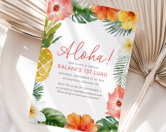 Luau 1st Birthday Invitation Template, Tropical Luau Birthday Invite, Hawaiian Birthday, Watercolor Floral Pineapple, DIGITAL DOWNLOAD