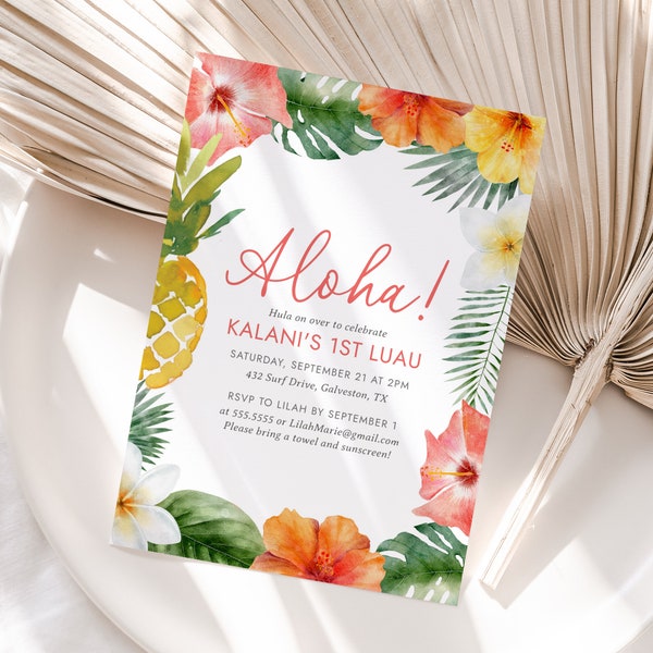 Luau 1st Birthday Invitation Template, Tropical Luau Birthday Invite, Hawaiian Birthday, Watercolor Floral Pineapple, DIGITAL DOWNLOAD