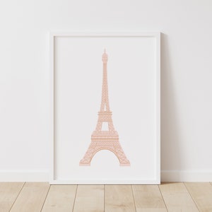 May include: A white framed print of a pink outline of the Eiffel Tower on a white background.