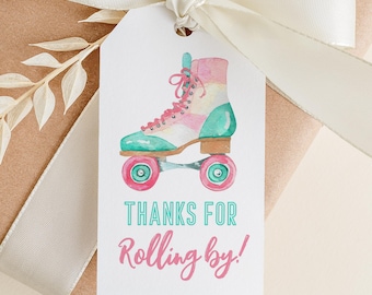 Editable Roller Skate Birthday Favor Tag Template, Printable Roller Skating Girl Birthday Gift Tag, Thanks for Rolling By, DIGITAL DOWNLOAD