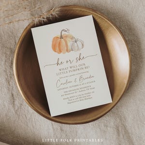 Little Pumpkin Gender Reveal Invitation, Fall Gender Reveal Invite, Printable Pumpkin Invitation Template, DIGITAL DOWNLOAD image 3