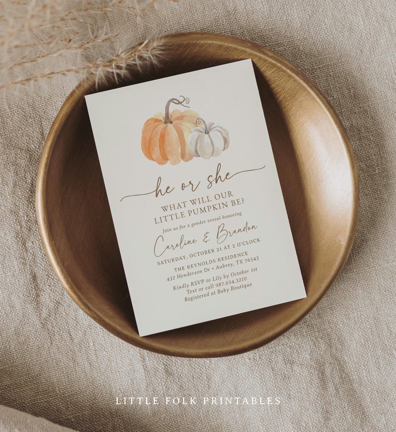 Little Pumpkin Gender Reveal Invitation, Fall Gender Reveal Invite, Printable Pumpkin Invitation Template, DIGITAL DOWNLOAD image 3