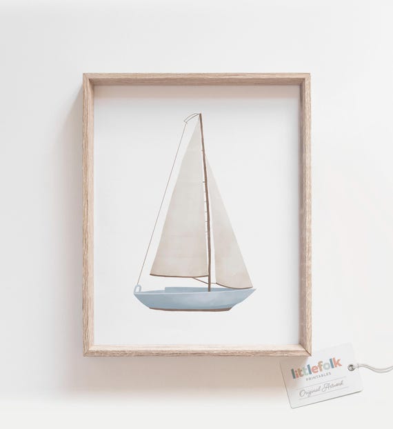 Vintage Sailboat Print, Blue Sailboat Wall Art, Nautical Nursery Wall Art, Printable Travel Nursery Decor, Boys Room Decor, DIGITAL DOWNLOAD