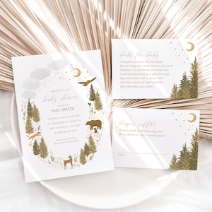 Woodland Baby Shower Invitation Set, Woodland Animals Baby Shower Invite, Books for Baby Diaper Raffle Ticket Instant Download